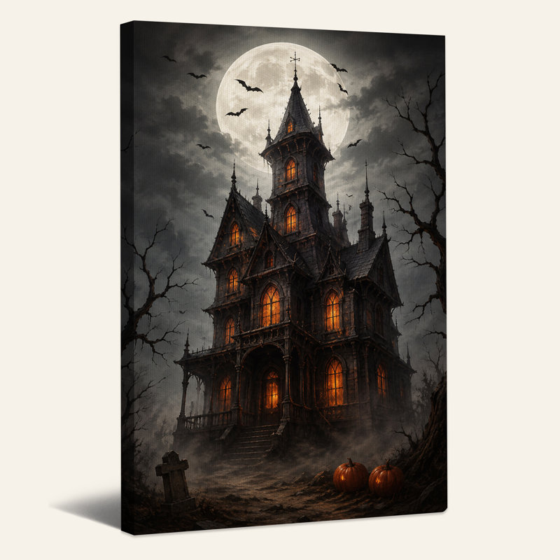 " Gothic Haunted House With Glowing Windows And Halloween " Painting, H 24 po x l 18 po