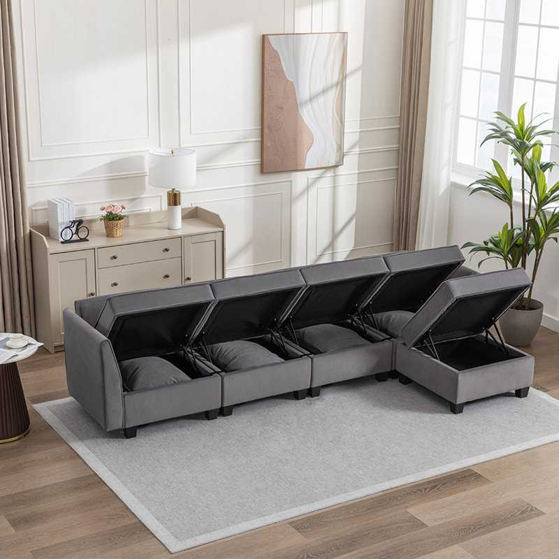 Canapé modulaire à méridienne 5 pièces Marai, Velours gris foncé