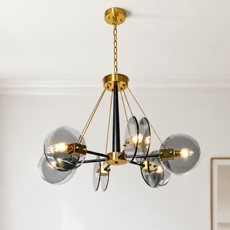 Lustre 6 lumières en verre noir et doré avec chaîne réglable