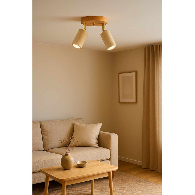 Élégant lustre en bois avec capuchon en travertin, finition beige et chêne, hauteur totale de 21 pouces | Capuchon de 6,5 po, plaque de base de 30 po | 3 x douilles GU10 (10 W maximum) | Parfait pour le salon et la salle à manger, solution d'éclairage élégante