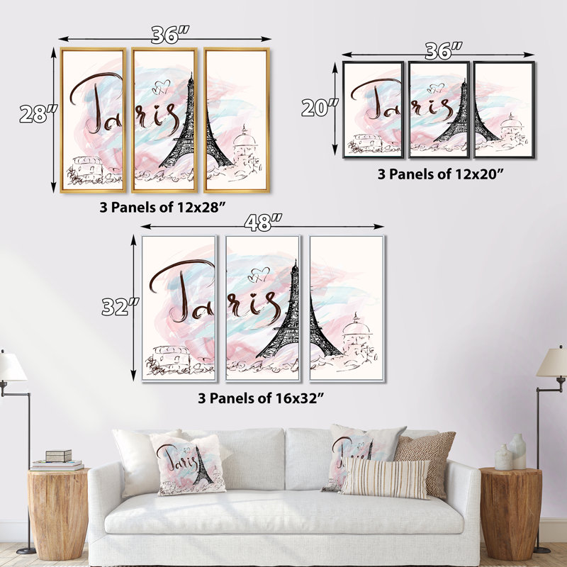 With With Paris Eiffel Tower - 3 pièces, cadre flottant, impression sur toile, L 48 po x H 32 po, Cadre blanc