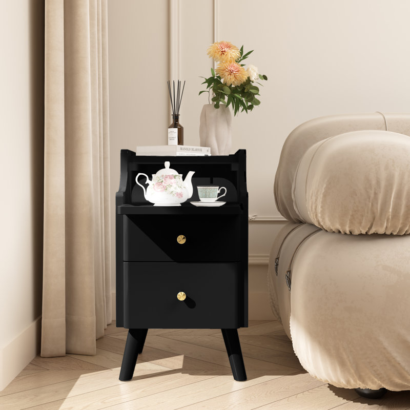 Narrow Bedside Table, Solid Wood Bedside Table With 2 Drawers, Walnut Medieval Modern Bedside Table, Small Bedside Table With Open Storage Rack In The Bedroom