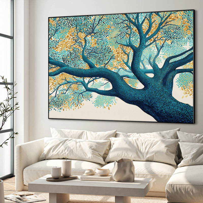 Art mural arbre turquoise et doré, reproduction botanique abstraite moderne pour le décor de chambre à coucher, très grand art mural encadré (assemblage requis)