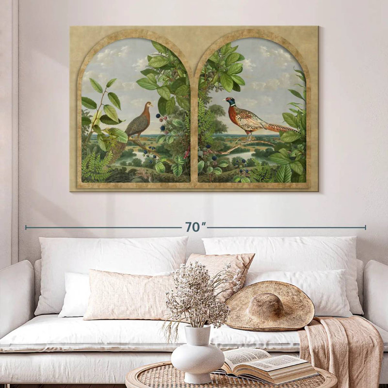 Fenêtre antique avec oiseaux nordiques, H 34 po x l 51 po