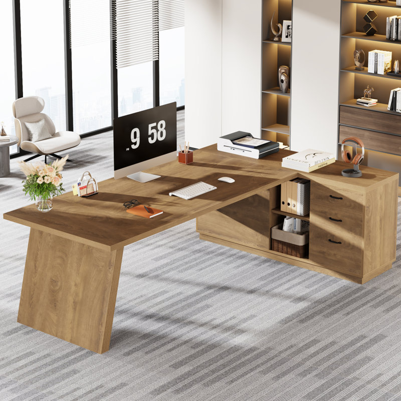 Bureau de direction en L avec tiroirs, Brun