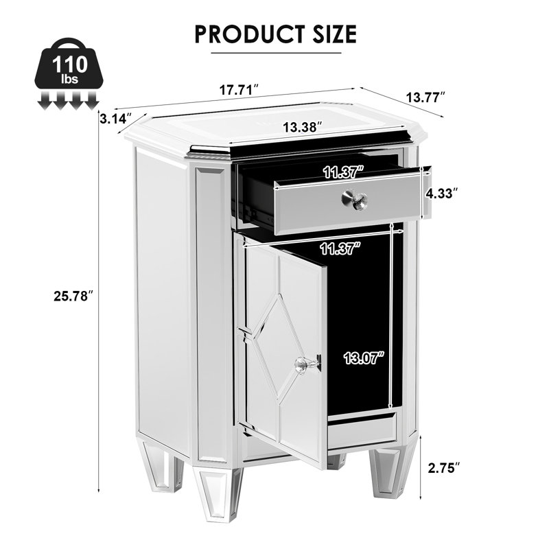 Silver Mirrored Nightstand with Wireless Charging, LED  End Table with Drawer, Modern Side Table with Storage Cabinet
