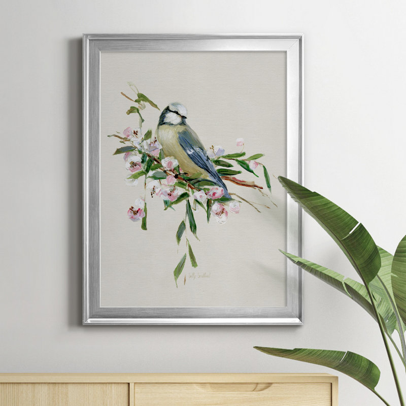 «Spring Song Blue Bird», peinture sur toile encadrée, H 18,5 po x l 24,5 po x P 1,5 po, Argent