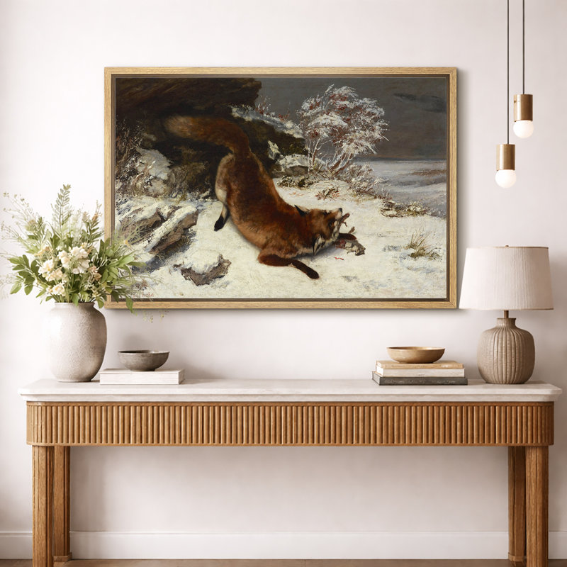 Renard chassant en hiver, œuvre d'art de paysage de chalet rustique, impression encadrée sur toile, estampe numérique.