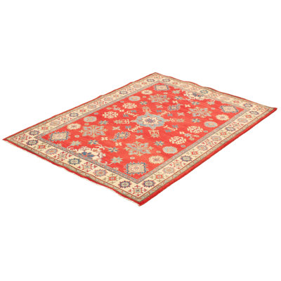 Tapis unique en laine noué à la main style Ouzbék Gazni des années 2010 de 5 pi 7 po x 8 pi rouge Andreita