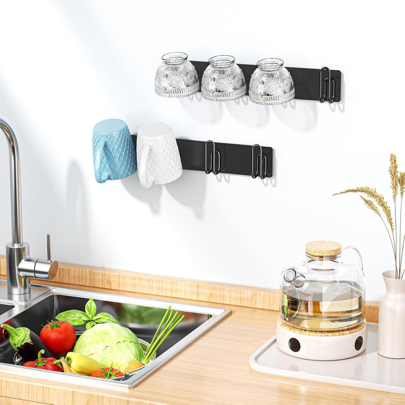 2 pièces porte-gobelet mural, porte-gobelet à café avec 4 crochets à tasses, présentoir à tasses en métal, organisateur de rangement pour tasses, noir