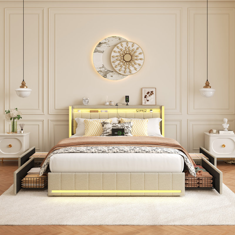 Estella Linen Upholstered Bed With LED Lighting And 4 Storage Drawers, European Double (140 x 200 cm), Beige