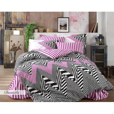 Ensemble de housse de couette 100% coton noir / mauve / blanc Destyny