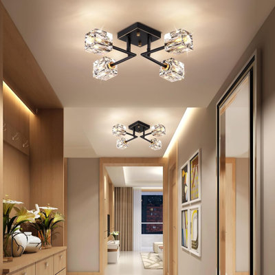 Modern Crystal Semi Flush Mount Ceiling Light Fixture With 4-Lights, Black And Gold Sputnik Chandelier For Bedroom, Dining Room, Kitchen, Office, Entryway