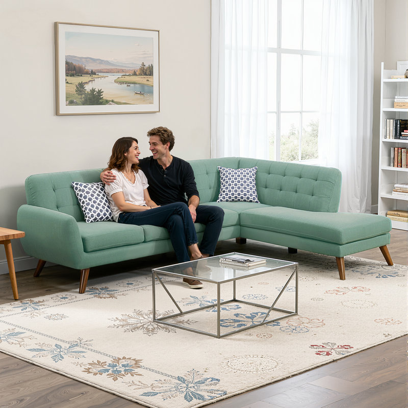 Canapé modulaire en L 2 pièces avec méridienne et tissu capitonné, Green