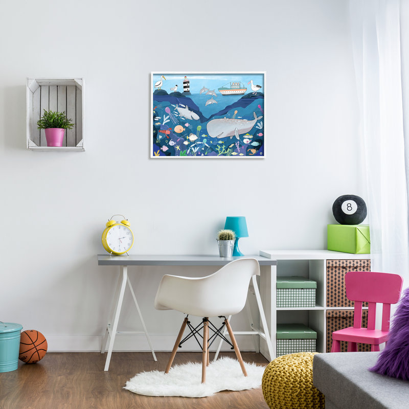 " Underwater Wildlife Kid's Illustration Shark Whale Boat ", 24" H x 30" W, Coastal White Framed Giclee