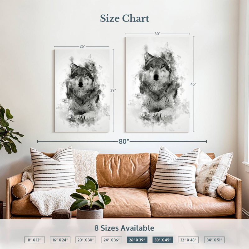 Brampt Wolf Sitting Black And White, 39" H x 26" W