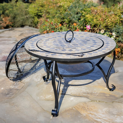 32.6"D. Round Mosaic Tile Metal Fire Pit "Medora"