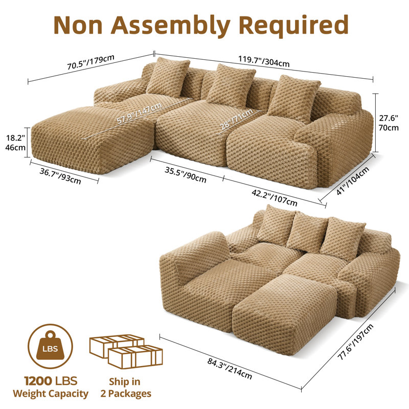 Canapé modulaire à compression de 119,7 po avec repose-pieds mobile en velours côtelé 119,7 po, sans assemblage requis
