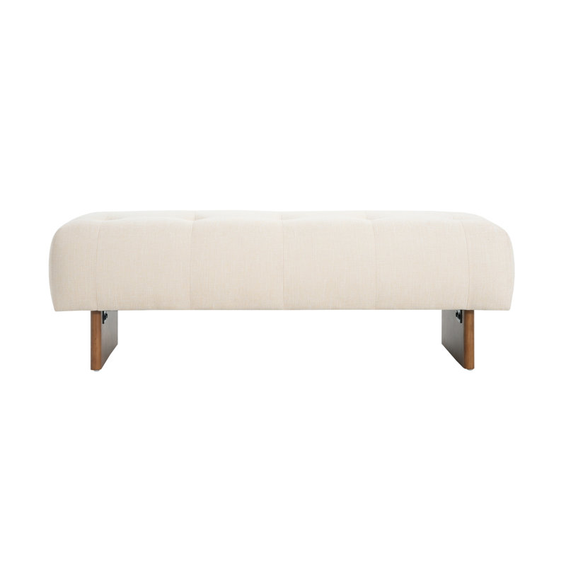  Rectangular Upholstered Ottoman Bench with Tufted Linen Fabric and Solid Wood Legs, Beige