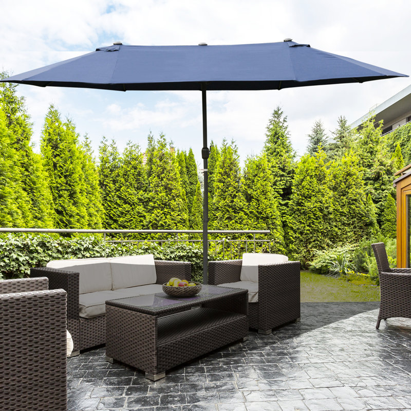 Parasol de patio de 15 pi, acier rectangulaire bleu foncé - auvent réglable, manivelle facile, double face pour piscine, conception légère de cour, terrasse, jardin