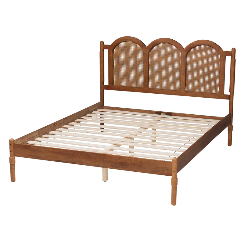 Walnut Brown Wood Queen Platform Bed with Woven Rattan Headboard