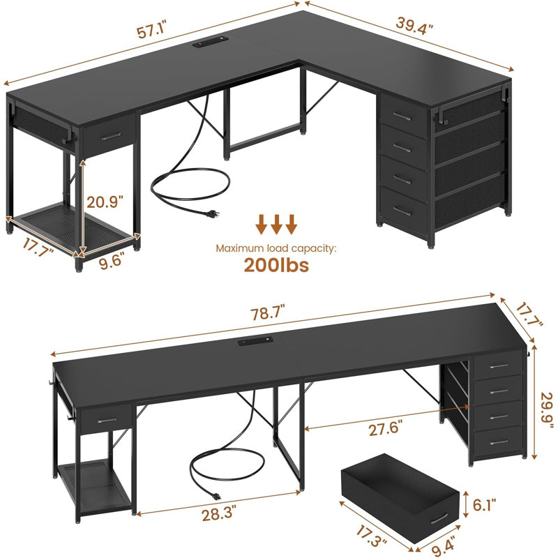 57" L Shaped Desk with 5 Drawers Computer Desk With Led Lights Home Office Desk, Black/Black