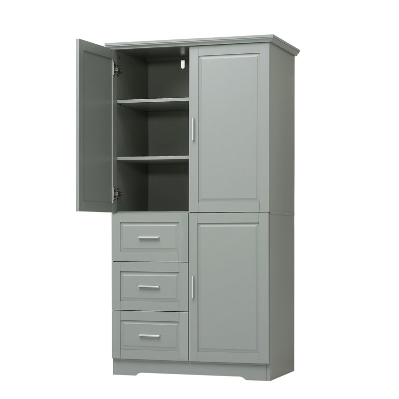 Grey Tall And Wide Storage Cabinet With Doors And Three Drawers For Bathroom Or Office Use | Gift Idea, Gray