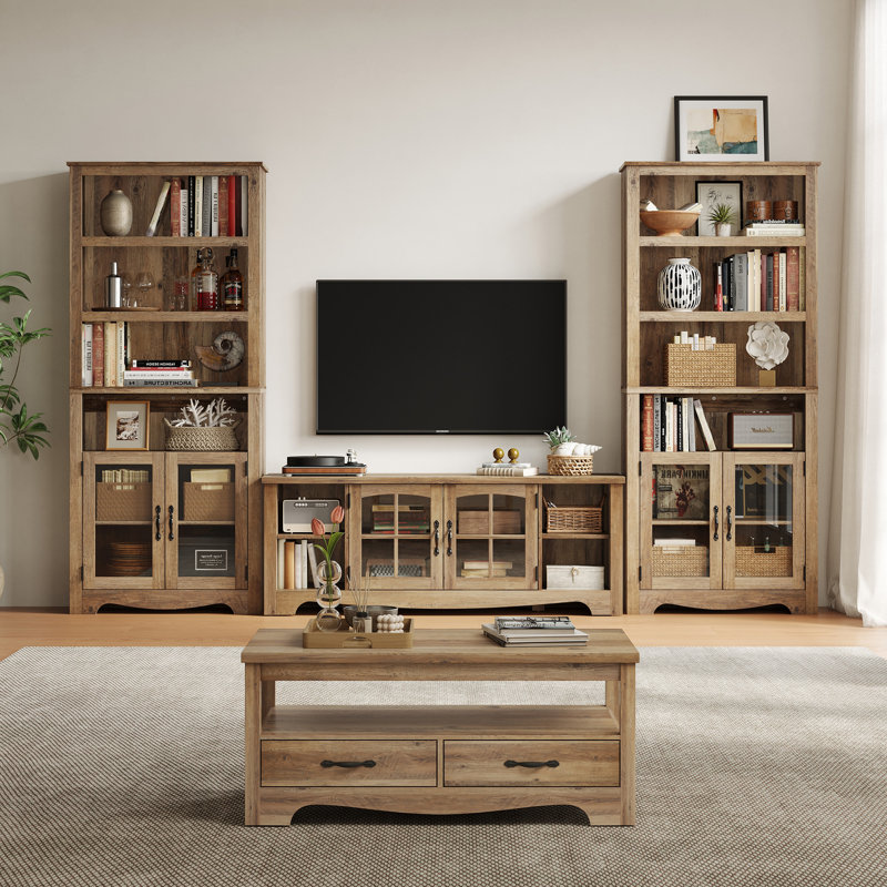 Callison Farmhouse Entertainment Center With Bookcases For 75'' TV, Modular Living Room TV Stand Set, Brown Wood