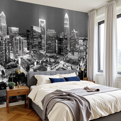 Peel and Stick Wallpaper black white aerial view charlotte skyline cloudy city Wall Murals 100"H x 144"W Removable PVC Wall Paper Self-Adhesive Wall Paintings Art Decor for Bedroom Living Room