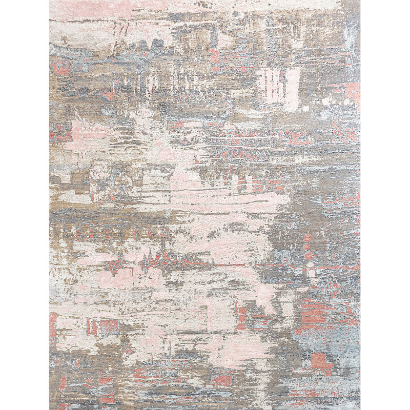 Tapis gris et pêche noué à la main de haute qualité, Rectangle 9 pi x 12 pi