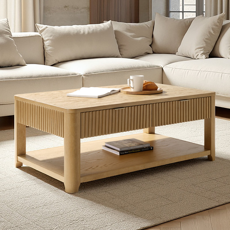 Jadida Francisco Modern 48'' W Oak Veneer Fluted Solid Wood Coffee Table with 2 Drawer, Natural