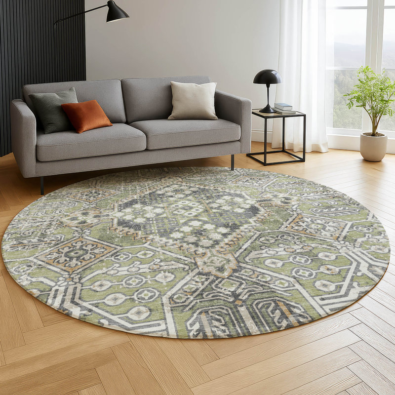 Premium Machine Washable Mayfield AMF2197 global Rug, 8' Round, Aloe