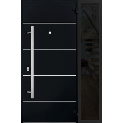 Porte d'entrée extérieure prémontée en acier Deux 6083, émail noir, fenêtre latérale extérieure, imposte, inserts en acier inoxydable, métal peint, style moderne, largeur 36+12 po x hauteur 80 po, ouverture à gauche vers l'intérieur