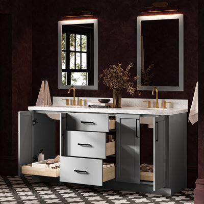 Meuble-lavabo ovale double de 185 cm avec comptoir en marbre blanc de Carrare de 3,8 cm d'épaisseur, de couleur gris.