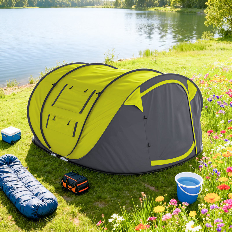 Tente de camping automatique pour 4 personnes avec portes sac de transport, Jaune