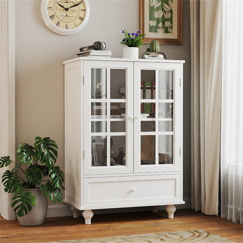Minimalist China Cabinet With Double Glass Doors And Drawer, White