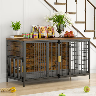 Iliu 53” Large Dog Crate Furniture with Cushion, Heavy-Duty Metal Dog Kennel with Double Front Doors & Rotating Feeder, Indoor Dog Cage with Wood Top and Stainless Steel Bowls, Dog House Side End Table for Large & Medium Dogs