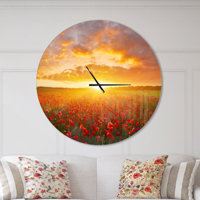 Poppy Field sous Bright Sunset - horloge murale moderne