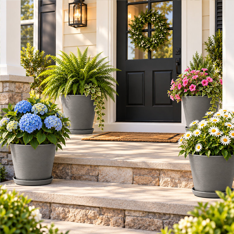 Kozyard 4Packs Round Planter Indoor Outdoor Plant Pots with Tray Collecting Water for Porch Patio Backyard, Gray, 4