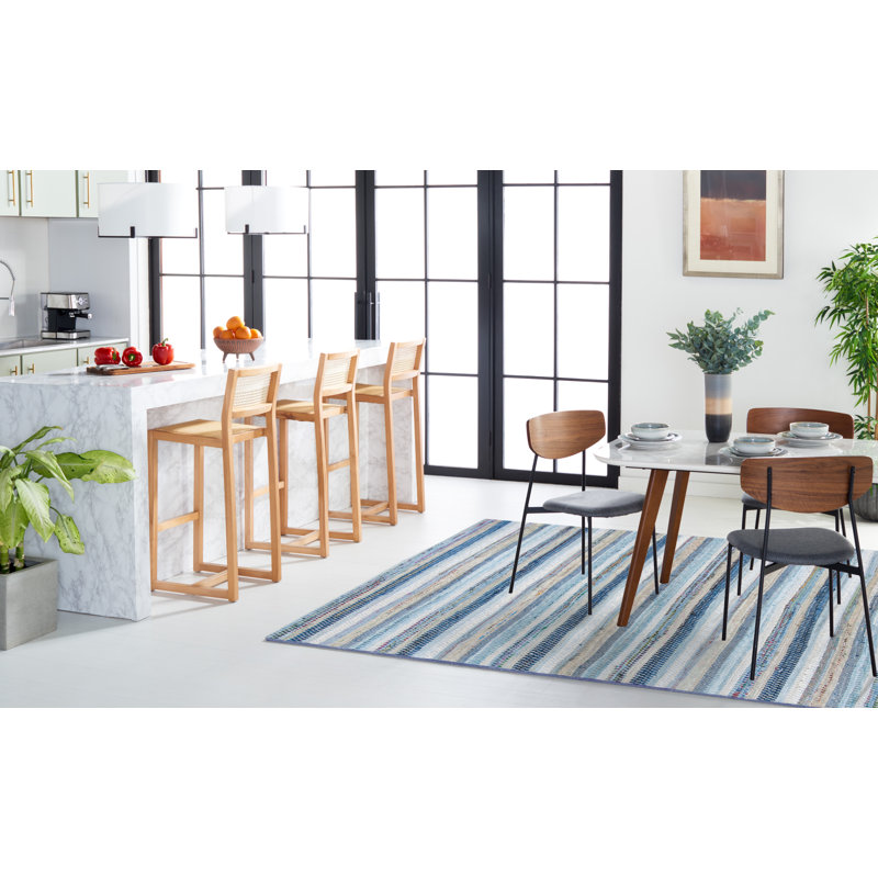 Tapis bleu / gris / blanc en coton noué à la main Vesey, Rectangle 8 pi x 10 pi