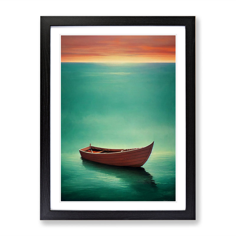 Wooden Boat On The Ocean - Single Picture Frame Print, 34cm H x 25cm W x 2cm D, Black Framed