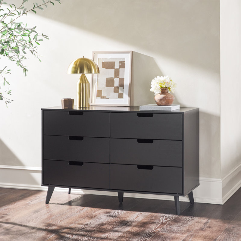 Black Mid-Century Modern 6-Drawer Dresser with Cut-Out Handles