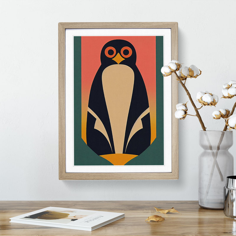 Penguin In Abstract No.5 - Wall Art, 48cm H x 36cm W x 2cm D, Oak Framed Paper, White