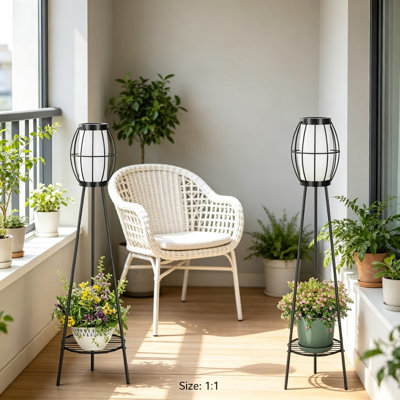 Lampes solaires d'extérieur avec supports pour plantes, lampadaires trépieds en métal noir, allumage/extinction automatique, pour terrasse, cour, allée, lot de 2