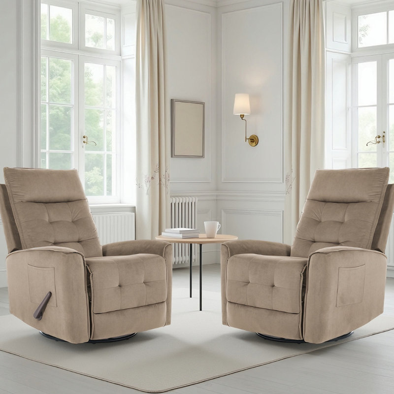 Soft Velvet Recliner Manual Swivel Rocker Recliner For Adults (Set Of 2), Small Recliners For Small Spaces-Light Brown