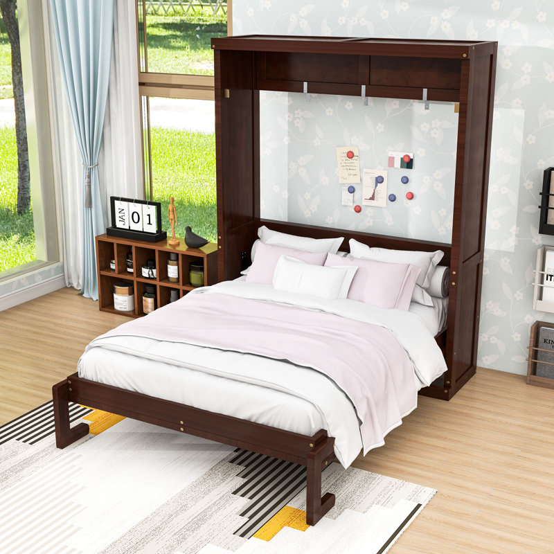 Lit escamotable en bois avec lattes, Lit double, Espresso