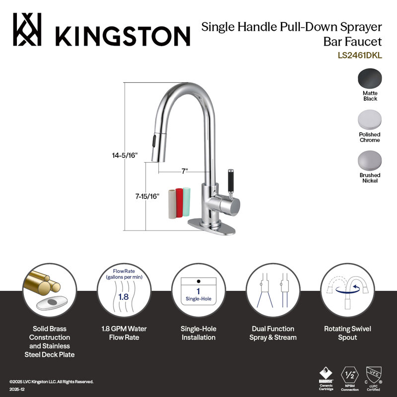 Kingston Brass Kaiser One-Handle 1-Hole Deck Mount Bar Faucet With Pull Down Sprayer, Matte Black
