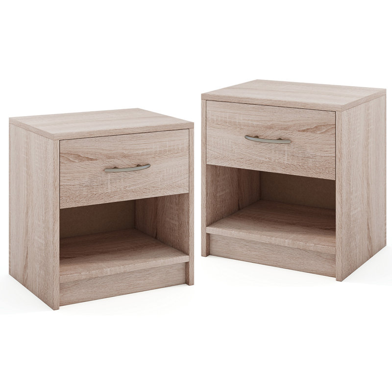  2 PCS Nightstand w/ Drawer Side Table w/ Slide-out Drawer Open Storage Shelf Natural & White, Brown
