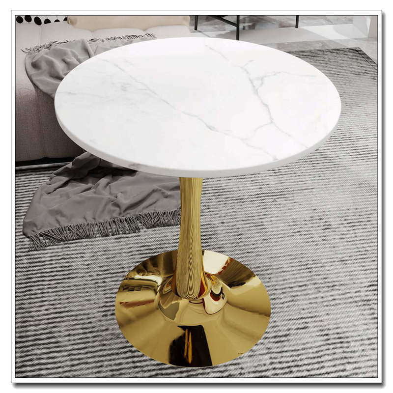 Table de salle à manger ronde en bois avec base piédestal, table basse, Blanc, Doré