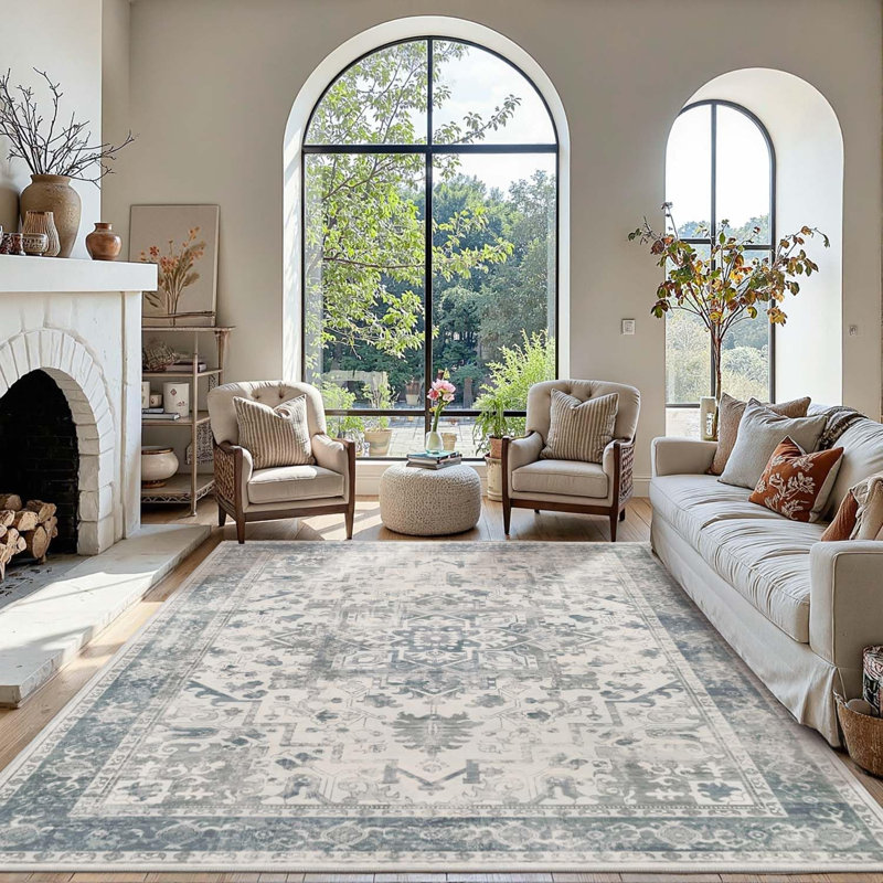 5x7 Washable Vintage Boho Area Rug with Non-Slip Backing in Light Blue